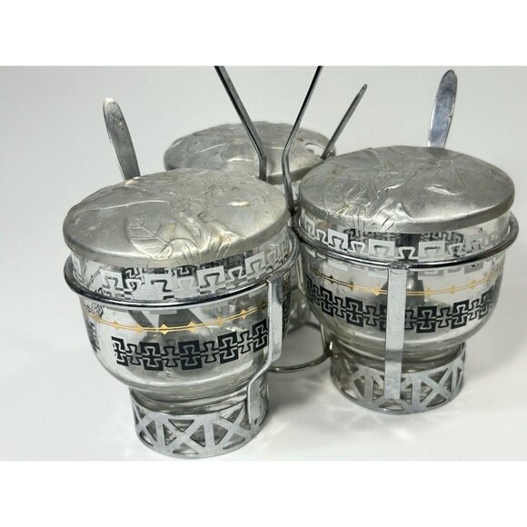 MCM Vtg Libbey Silver Appetizer Condiment Serving Caddy 3 Glass Bowls Lids Spoon - Picture 3 of 7